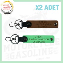 A Kahve-Fıstık Yeşil, Biker, Isim Plaka ve 0 (+) Kan Grubu Yazılı Özel Tasarım 2'li Anahtarlık Set