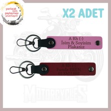 Pembe-Bordo, Biker Tarzına Özel Isim Plaka ve A Rh (-) Kan Grubu Yazılı Hediye, Deri 2'li Anahtarlık