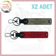 Kül Gri-Kırmızı, Motorcu, Isim Plaka ve B Rh (-) Kan Grubu Yazılı Anlamlı Hediye 2'li Anahtarlık Set