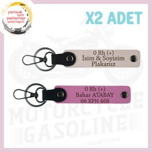 Pudra-Pembe, Motor Severlere, Isim Plaka ve 0 + Kan Grubu Yazılı Özel Tasarım Deri 2'li Anahtarlık
