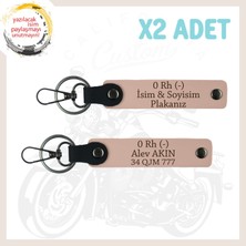 Yavruağzı, Biker Tarzına Özel, Isim Plaka ve 0 Rh (-) Yazılı Anlamlı Hediye, Deri X2 Anahtarlık Set