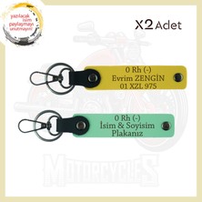 Yeşil-Sarı, Motosiklet Severlere Özel, Isim Plaka ve 0 Rh (-) Yazılı Acil Durum 2'li Anahtarlıkları