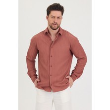 Erkek Kendinden Çizgi Detaylı Slim Fit Dar Kalıp Uzun Kol Gömlek