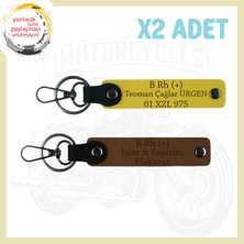 Açık Kahve-Sarı, Motorsikletçi Için Isim Plaka ve B(+) Kan Grubu Yazılı Özel Tasarım 2'li Anahtarlık