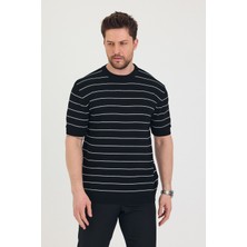 Erkek Bisiklet Yaka Çizgi Detaylı Kısa Kollu Ince Triko T-Shirt