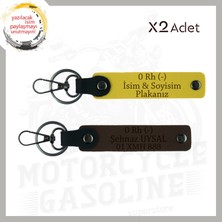 Sarı-Koyu Kahve, Motorcu Dostlara Özel, Isim Plaka ve 0 Rh (-) Kan Grubu Yazılı 2'li Anahtarlık Set