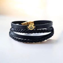 14 Ayar Altın Plakalı Taç Detaylı Yuvarlak Motifli Erkekler İçin Derili Bileklik-398TAÇ-Siyah