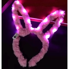 LED Işıklı Peluş Pofuduk Tavşan Kulak Tavşan Taç Pembe 17X23 cm