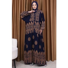 Sefa Merve Balon Kol Çini Desen Elbise 5575-01 Lacivert