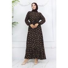 Sefa Merve Viskon Kumaş Desenli Elbise 0035-05 Kahverengi