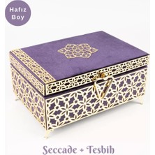 Desenli Kutu Çeyizlik, Seccade + Tesbih + Kuran Hediye Seti (Hafız Boy, Kadife, Mor, Elif-Vav)