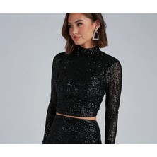 Kadın Siyah Zara Payet Içi Astarlı Crop Top