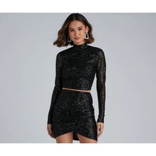 Kadın Siyah Zara Payet Içi Astarlı Crop Top