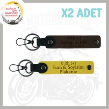 Sarı-Koyu Kahve, Motorcu Dostlara Özel, Isim Plaka ve 0 Rh (+) Kan Grubu Yazılı 2'li Anahtarlık Set