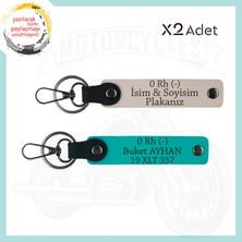 Pudra-K Turkuaz, Motora Uygun, Isim Plaka ve 0 Rh (-) Kan Grubu Yazılı Kişiye Özel 2'li Anahtarlık