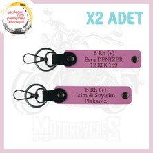 Pembe, Motorcuya Isim Plaka ve B Rh (+) Kan Grubu Yazılı Kişiselleştirilmiş Deri 2'li Anahtarlık Set