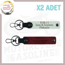 Beyaz-Bordo, Bikerlar Için, Isim Plaka ve B Rh (-) Kan Grubu Yazılı Deri 2'li Anahtarlık, Hediyelik