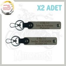 Kül Gri, Motorcuya Özel, Isim Plaka ve 0 Rh (+) Kan Grubu Yazılı Güvenlik Amaçlı 2'li Anahtarlık