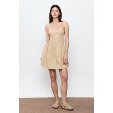 Bej %100 Cotton Mini Elbise