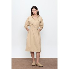 Bej %100 Cotton Midi Boy Gömlek Elbise
