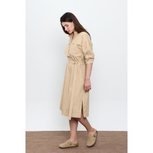 Bej %100 Cotton Midi Boy Gömlek Elbise