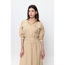 Bej %100 Cotton Midi Boy Gömlek Elbise