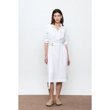 Beyaz %100 Cotton Midi Boy Gömlek Elbise