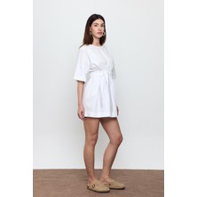 Beyaz %100 Cotton Beli Kemerli Mini Elbise
