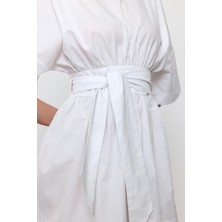 Beyaz %100 Cotton Beli Kemerli Mini Elbise