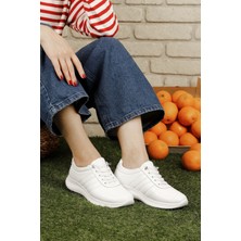 Kadın Beyaz Bağcıklı Dolgu Taban Hakiki Deri Sneaker