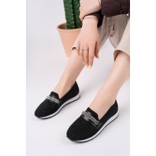 Pasyone Kadın Spor Babet Siyah Renk Taş Detaylarıyla Şık Tasarım 2 cm Taban Yüksekliği