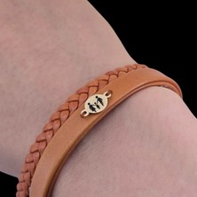 14 Ayar Plakalı Altın Kadınlara Özel Yuvarlak Figürlü Derili Sembol Bilekliği-401sembol-Kahverengi