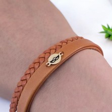 14 Ayar Plakalı Altın Kadınlara Özel Yuvarlak Figürlü Derili Sembol Bilekliği-401sembol-Kahverengi