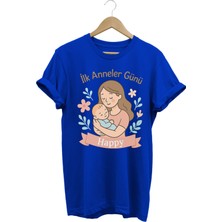 Ilk Anneler Günü Temalı Saks Mavi Özel Tasarım Kişiselleştirilebilir %100 Pamuk Kadın T-Shirt