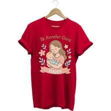 Ilk Anneler Günü Temalı Kırmızı Özel Tasarım Kişiselleştirilebilir %100 Pamuk Kadın T-Shirt