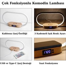 Kablosuz Şarjlı LED Işıklı Masa Lambası Alüminyum Alaşım Masif Ahşap