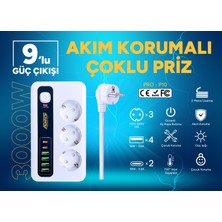 Always Teknoloji  Akım Korumalı 4 Usb'li ve 3 Type-C Li 3'lü Grup Priz 2 M Uzatma Kablosu Beyaz
