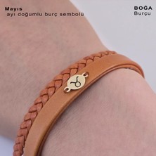 Altın Plakalı 14 Ayar Kadınlara Özel Derili Yuvarlak Figürlü Doğum Ay Bilekliği-401ay-Kahverengi