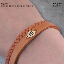 14 Ayar Plakalı Altın Kadınlara Özel Derili Yuvarlak Figürlü Doğum Ay Bilekliği-401ay-Kahverengi