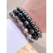 Nursaat 3 Lü Özel Tasarım Unisex Doğal Taş Bileklik Jasper-Hematit-Onix 08