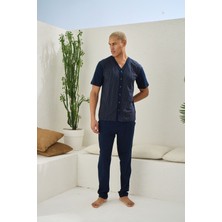 V Yaka Kısa Kollu Boydan Düğmeli Battal Büyük Beden Erkek Pijama Takımı