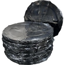Omeyva Davet Parti Sunum Doğum Günü Siyah Renkli Sert Plastik Mika Tabak - 22  cm . -6 Adetlik 10 Paket
