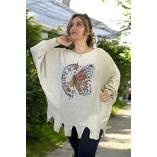 Saat Desenli Kayık Yaka Yarasa Kol Büyük Beden Merserize Bluz Kazak 44-56 Uygun