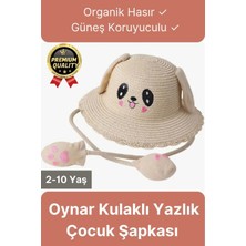 Svein Özel Tasarım Organik Hasır Güneş Koruyuculu 2-10 Yaş Hareket Eden Oynar Kulaklı Yazlık Çocuk Şapka