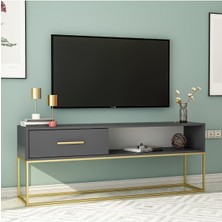 İnarch Dizayn Mira TV Ünitesi 160 cm – Kapaklı ve Raflı, Gold Ayak, Modern Tasarım, Antrasit/Gold