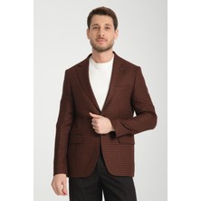 Frappoli Parcessi Erkek Kahve Kazayağı Desenli Slim Fit Dar Kesim Esnemeyen Kumaş Spor Blazer Ceket