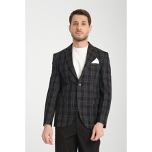 Frappoli Galileo Erkek Indigo Ekose Mono Yaka Slim Fit Spor Blazer Ceket