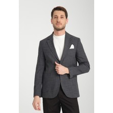 Frappoli Tadic Erkek Lacivert Desenli Esneyen Kumaş Slim Fit Torba Cepli Yarım Astar 4 Mevsim Blazer Ceket