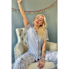 Gri Florado Exclusive Önden Düğmeli Kısa Kollu Kadın Pijama Takımı