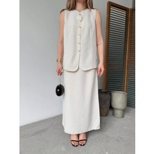 Keten Kolsuz Hırka Etek Ikili Takım- Beyaz